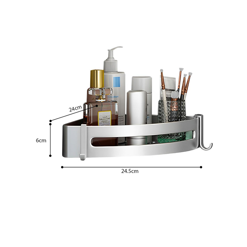 Silver Wall-Mounted Triangular Bathroom Storage Rack with Hooks