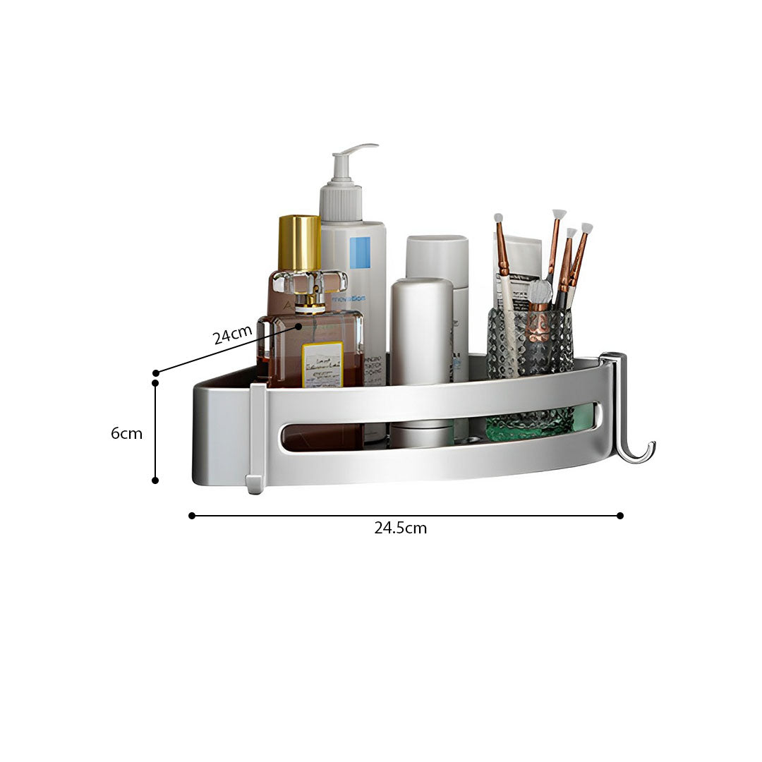 Silver Wall-Mounted Triangular Bathroom Storage Rack with Hooks