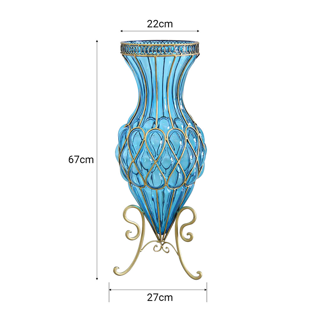 67cm Blue Glass Floor Vase with Metal Stand
