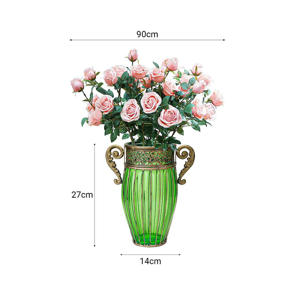 Green Glass Flower Vase with 8 Bunch 5 Heads Artificial Silk Rose Set
