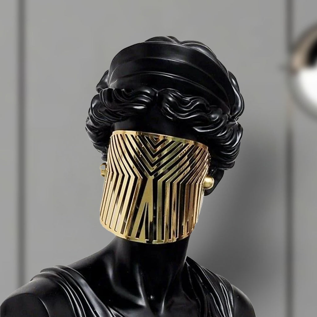 SOGA 40cm Black Classical Bust Sculpture Resin with Gold Striped Mask for Modern Home Décor