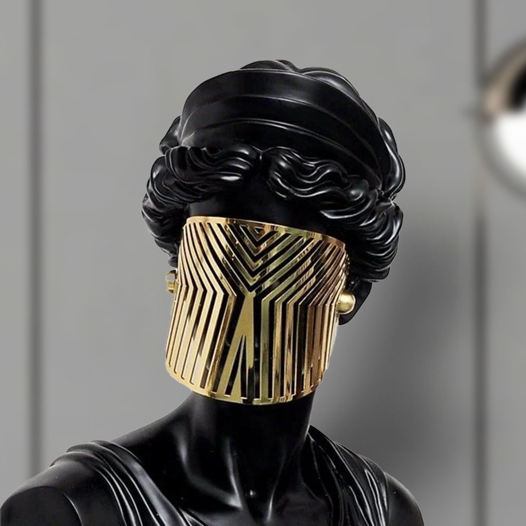 SOGA 40cm Black Classical Bust Sculpture Resin with Gold Striped Mask for Modern Home Décor