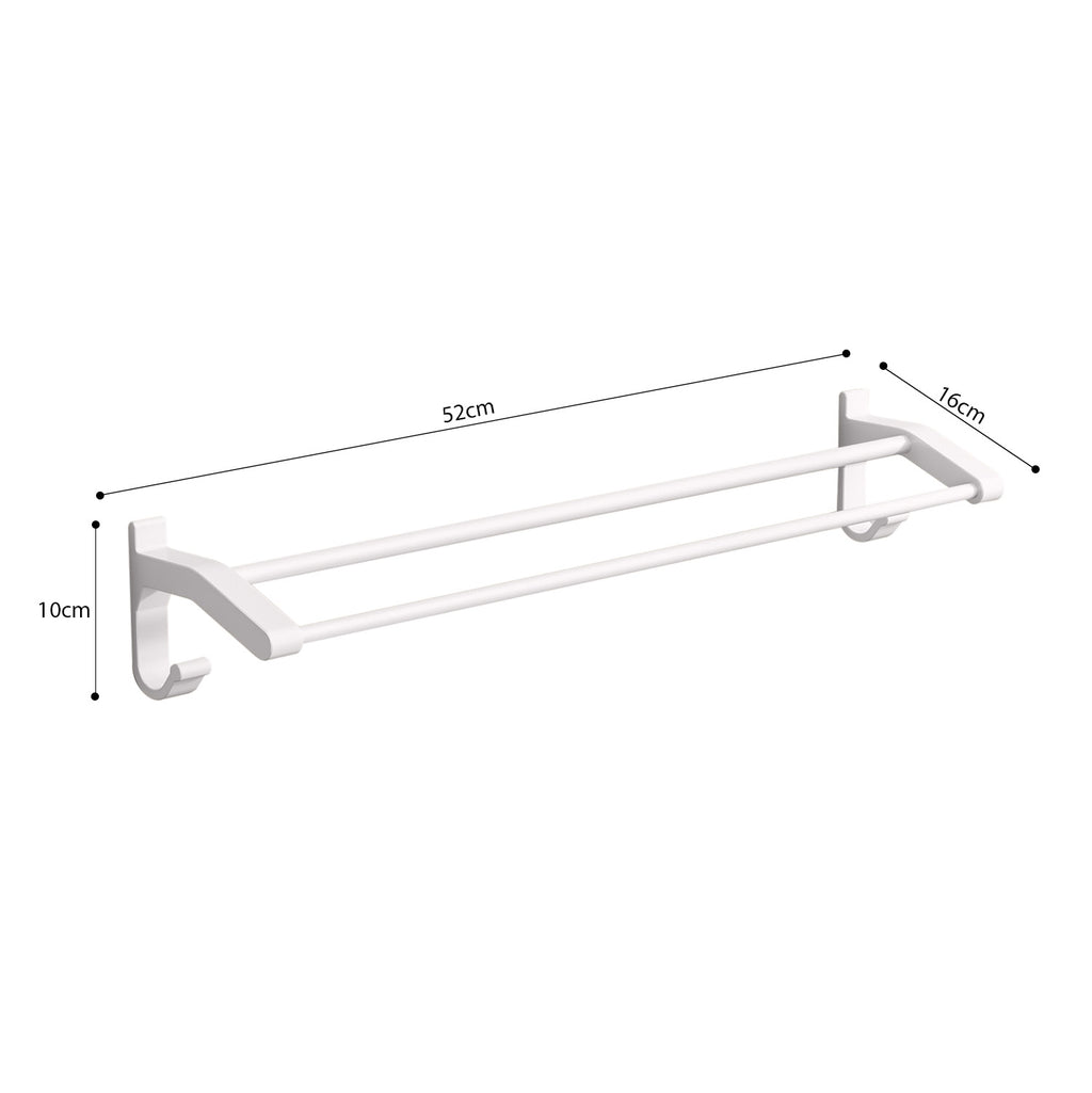 52cm White Wall-Mounted Double Pole Towel Holder with Hooks
