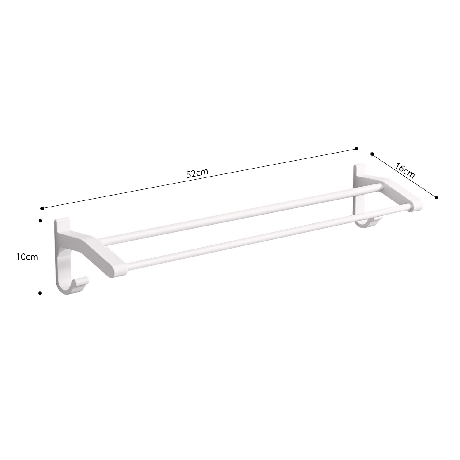 52cm White Wall-Mounted Double Pole Towel Holder with Hooks