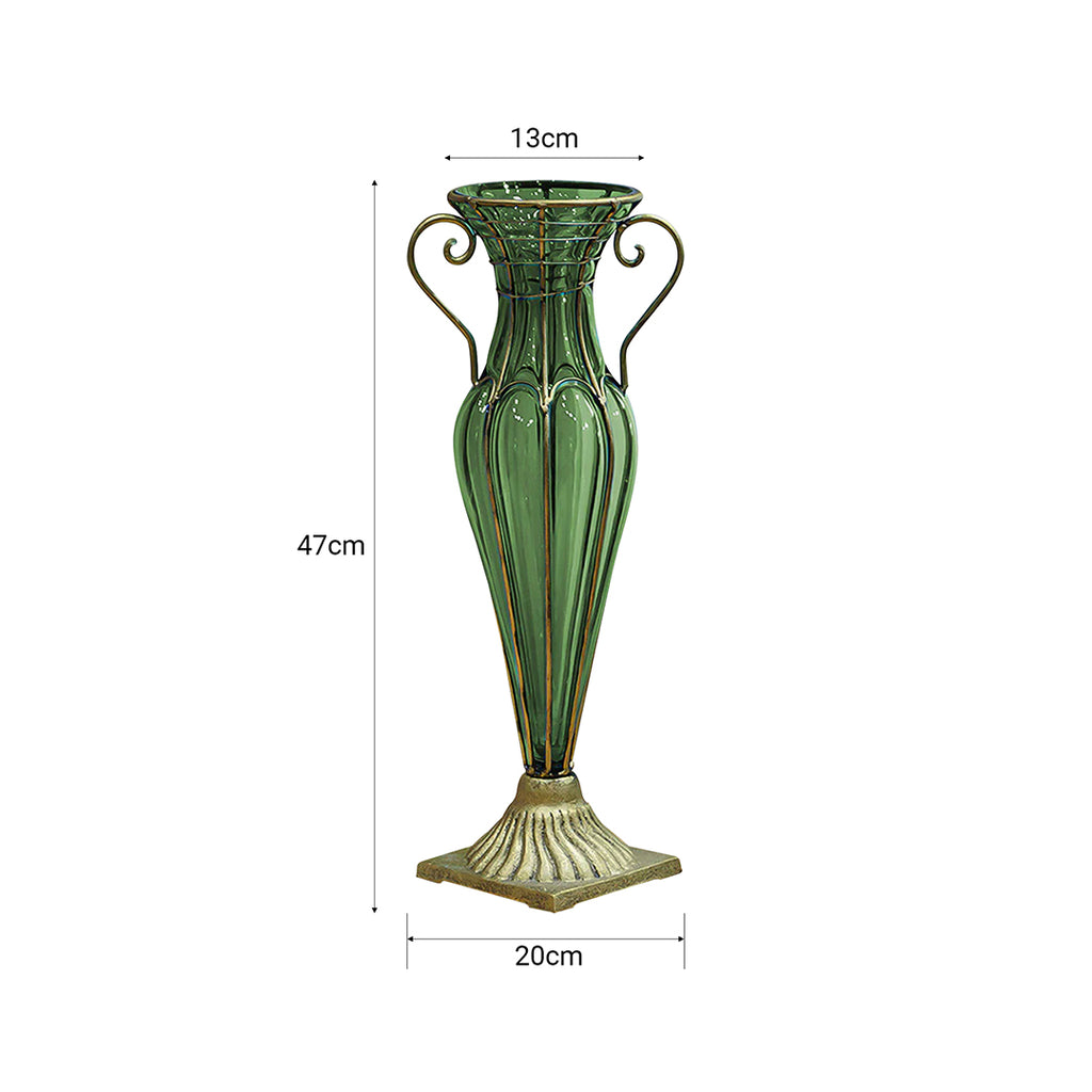Green European Glass Flower Vase with Two Gold Metal Handle