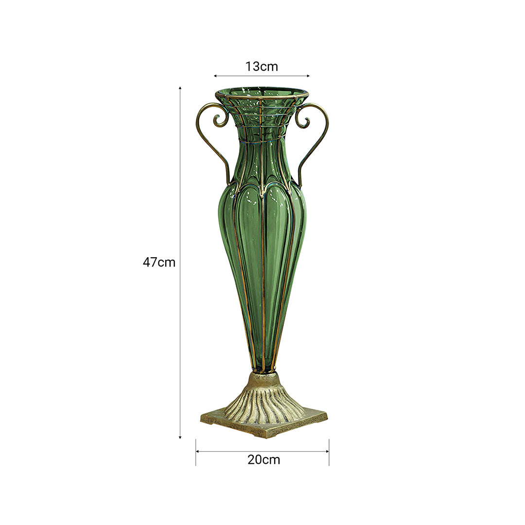 Green European Glass Flower Vase with Two Gold Metal Handle