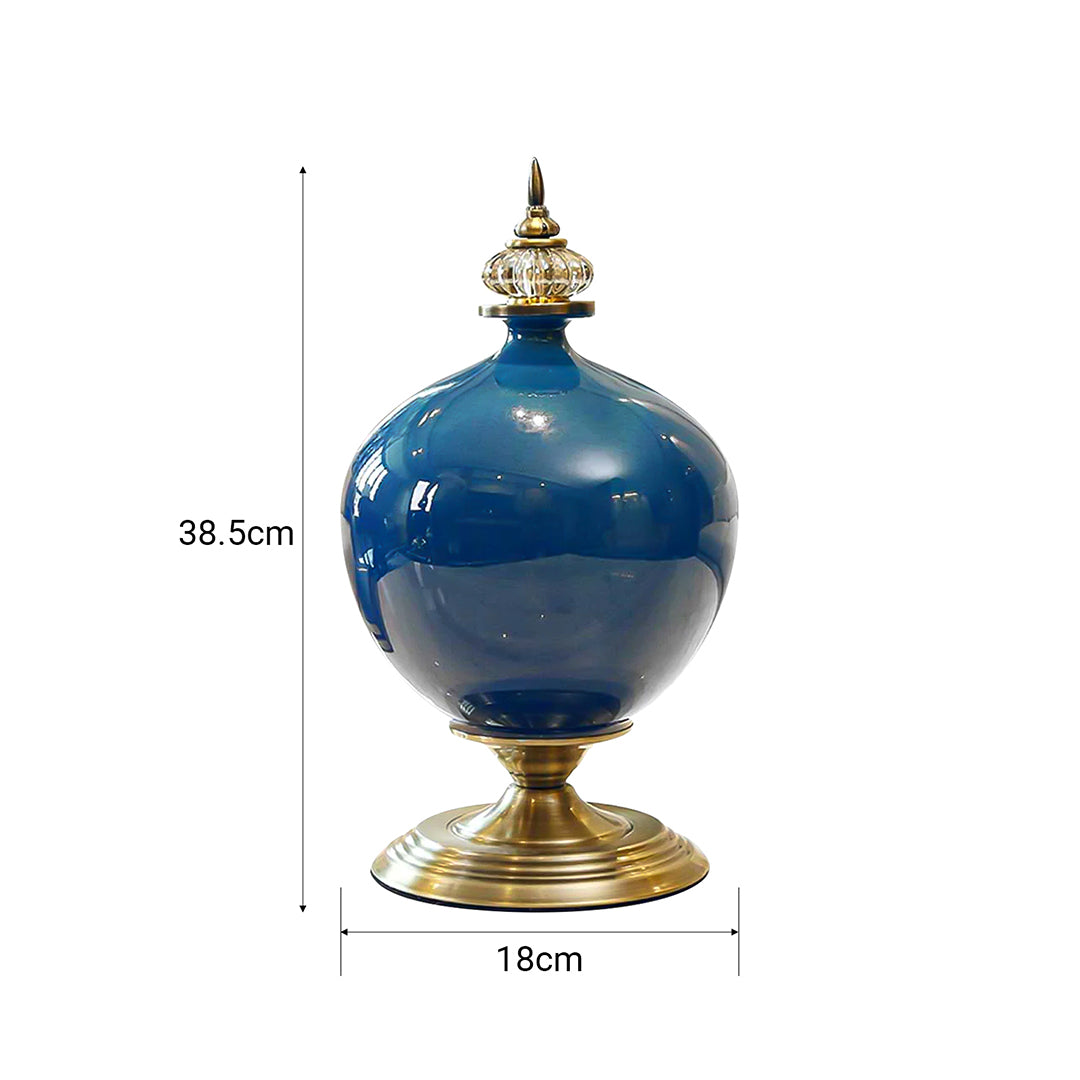38cm Ceramic Vase with Gold Metal Base Dark Blue