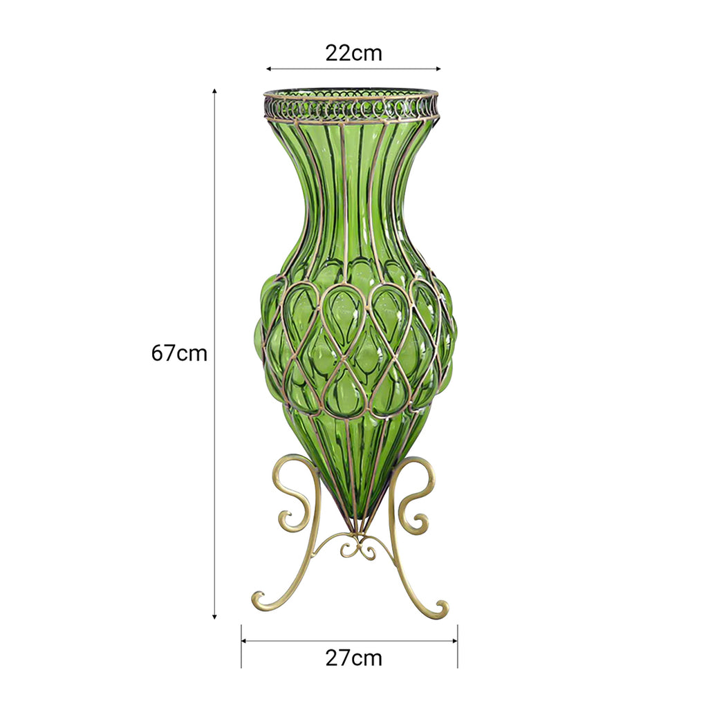 67cm Green Glass Floor Vase and 12pcs Pink Artificial Flower Set