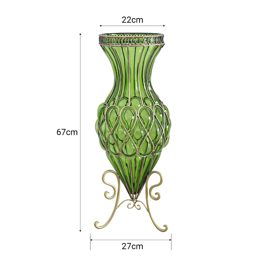 67cm Green Glass Floor Vase and 12pcs Pink Artificial Flower Set