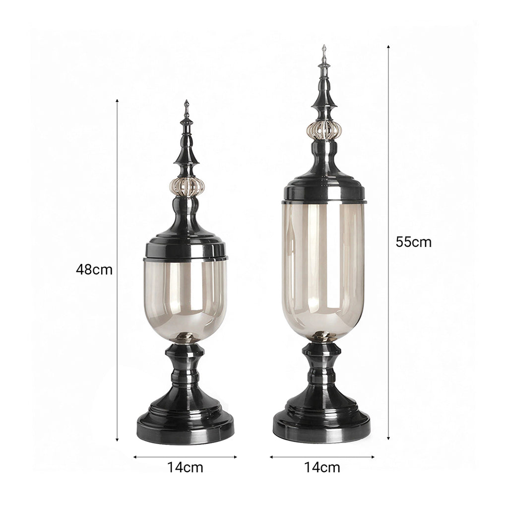 2x Clear Black Glass Vase with Lid Set