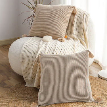 SOGA 45cm Khaki Wabi-Sabi Raised Pillow Cotton Striped Large Tassel Square Pillow Throw Pillow