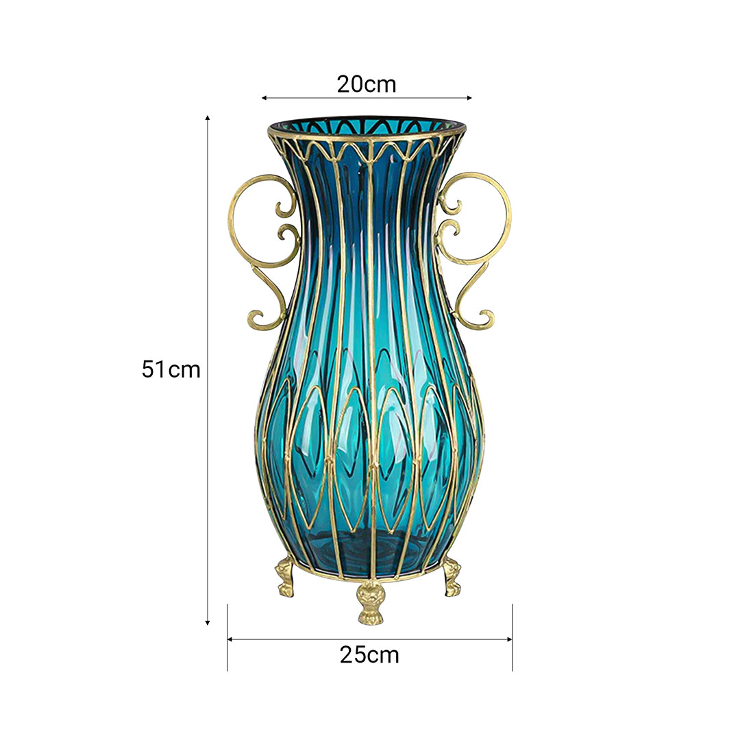 51cm Blue Glass Floor Vase with Metal Stand
