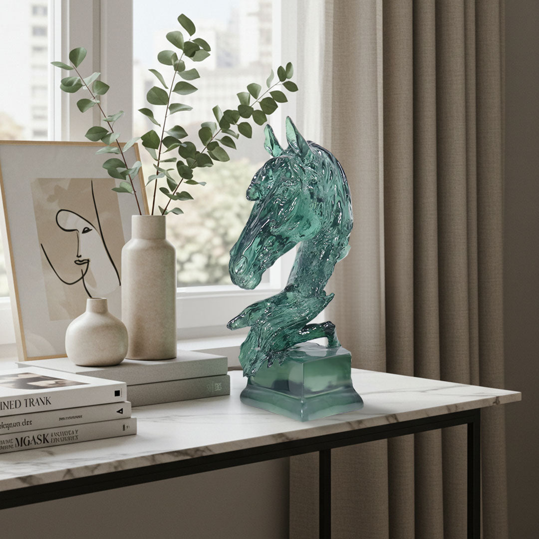 SOGA 37cm Green Horse Head Resin Sculpture Flowing Mane Design Modern Art for Home Décor