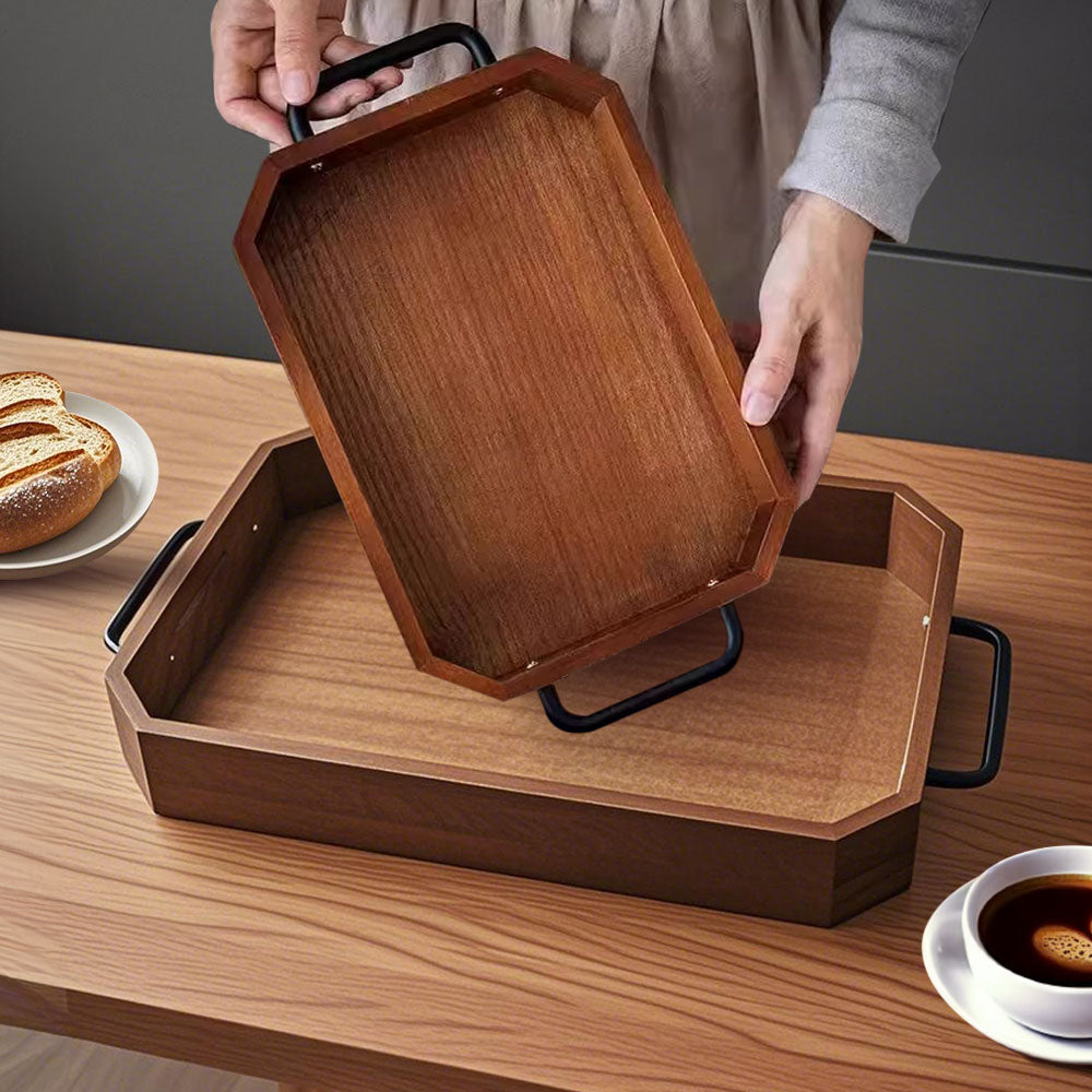 SOGA 28cm Brown Rectangle Wooden Serving Tray Metal Handles Kitchen