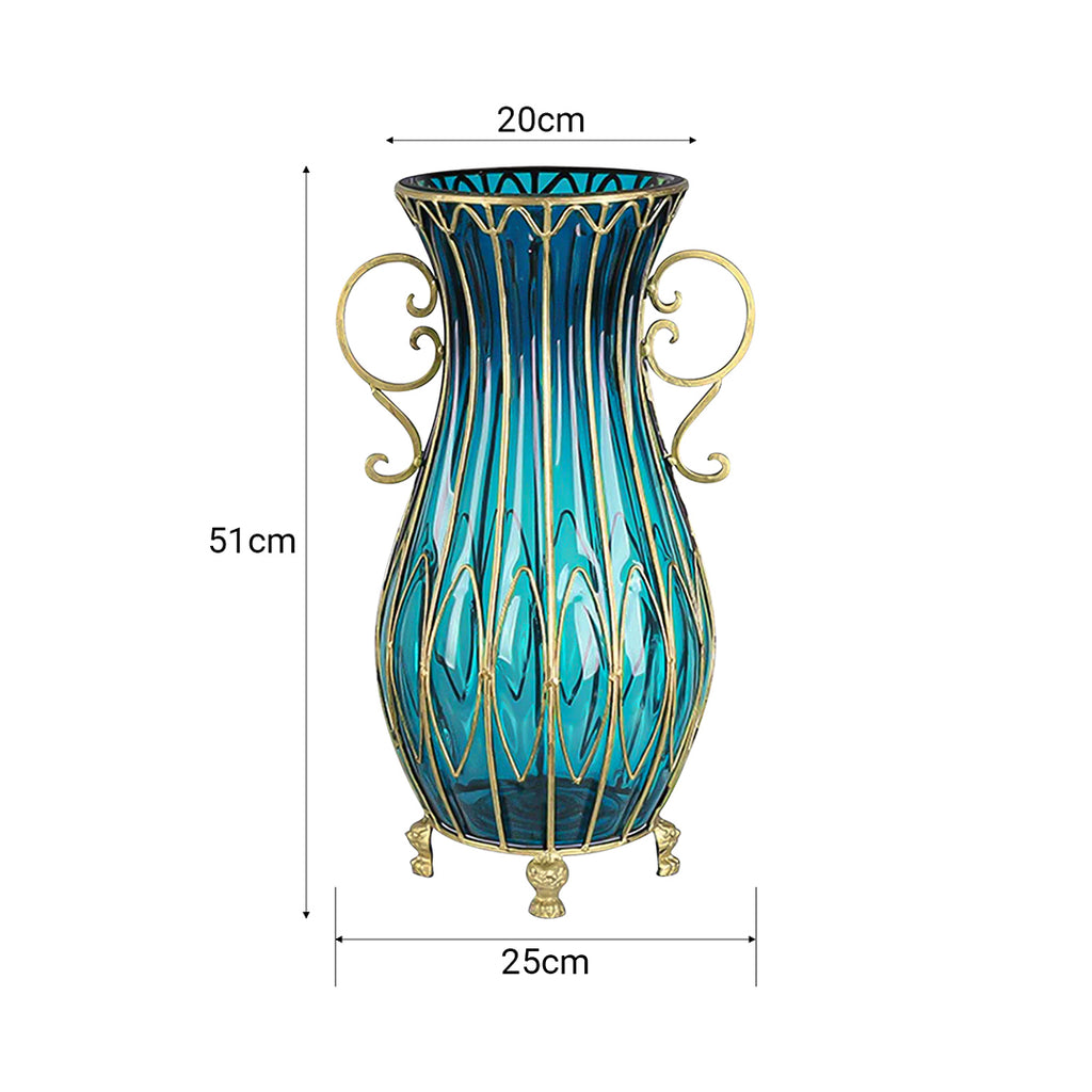 51cm Blue Glass Floor Vase with 12pcs White Artificial Flower Set