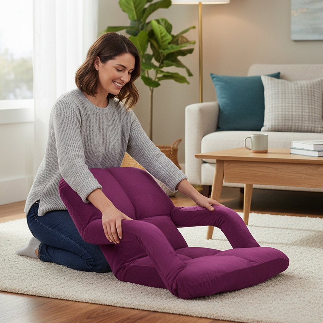 Foldable Floor Recliner Lazy Chair with Armrest - Magenta