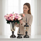 2x Clear Black Glass Vase with Lid and Pink Flower Set