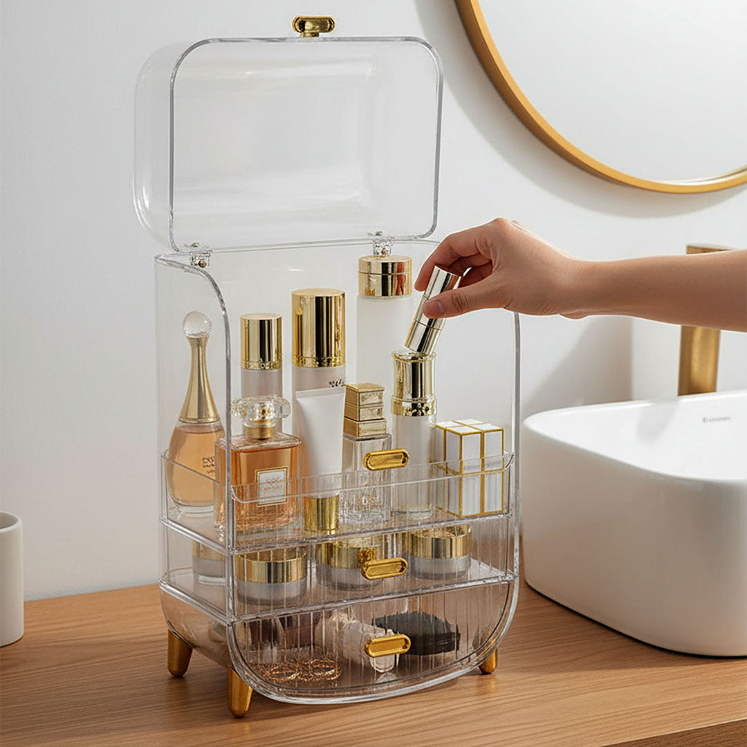 3 Tier Transparent Multifunctional Countertop Cosmetic Storage Drawer Type Organiser