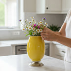 40cm Ceramic Vase with Gold Metal Base Yellow