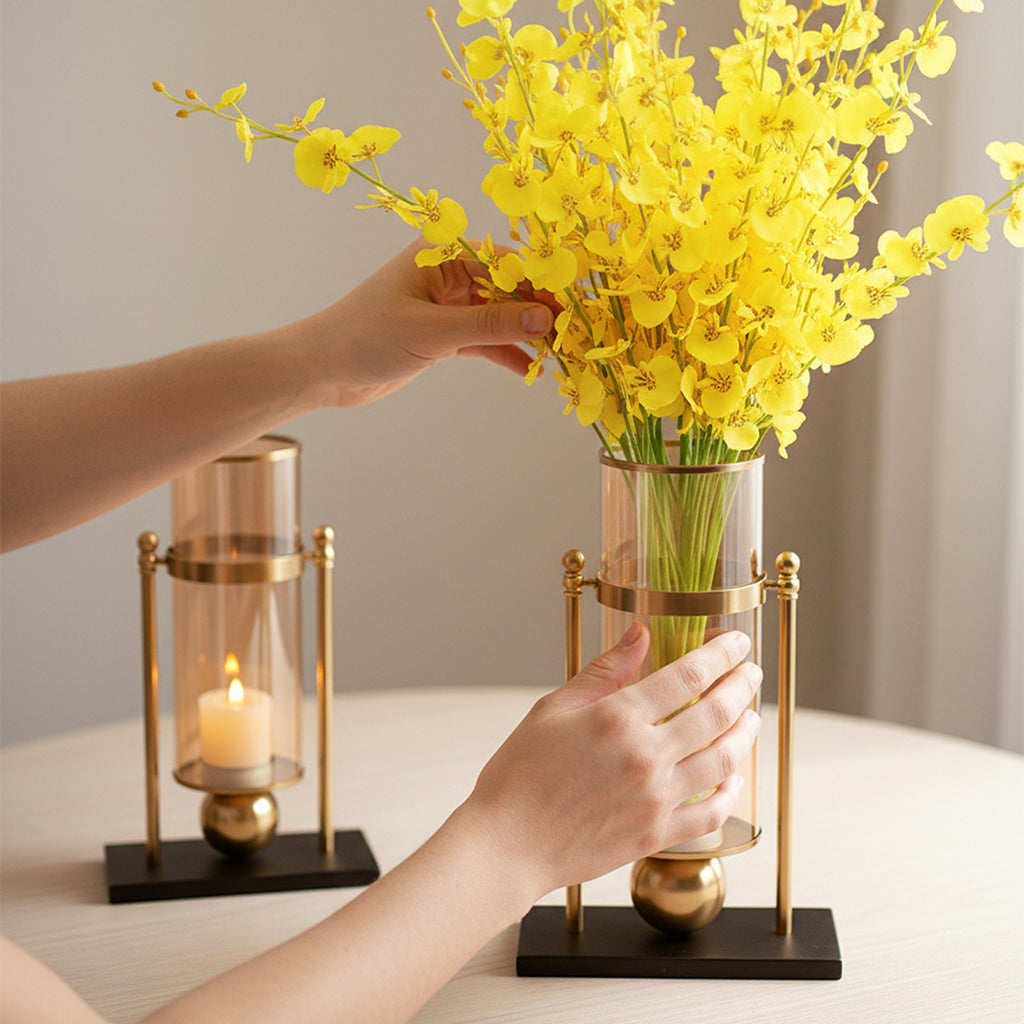 42cm 32cm Transparent Glass Vase with Yellow Flower and Candle Set