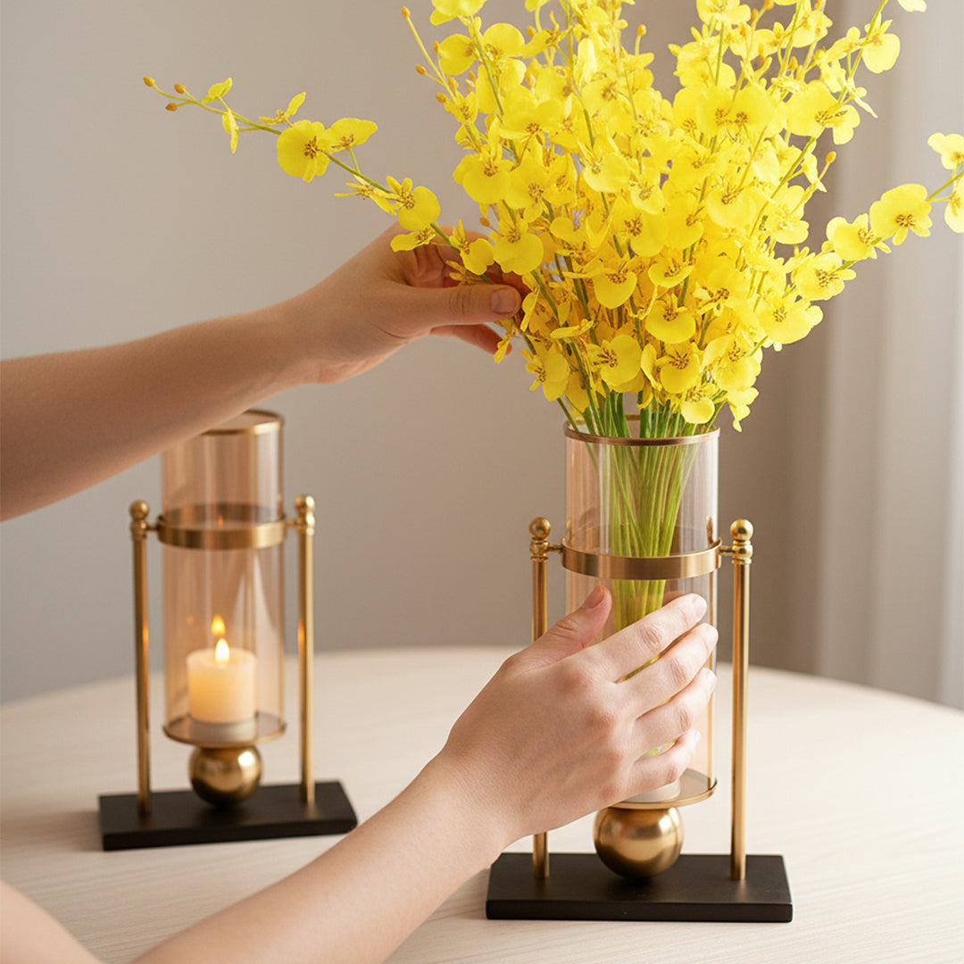 42cm 32cm Transparent Glass Vase with Yellow Flower and Candle Set