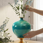 38cm Ceramic Vase with Gold Metal Base Green