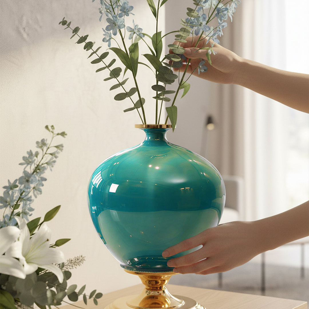 38cm Ceramic Vase with Gold Metal Base Green