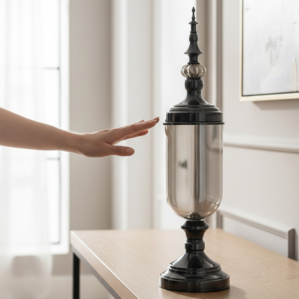 2x Clear Black Glass Vase with Lid Set