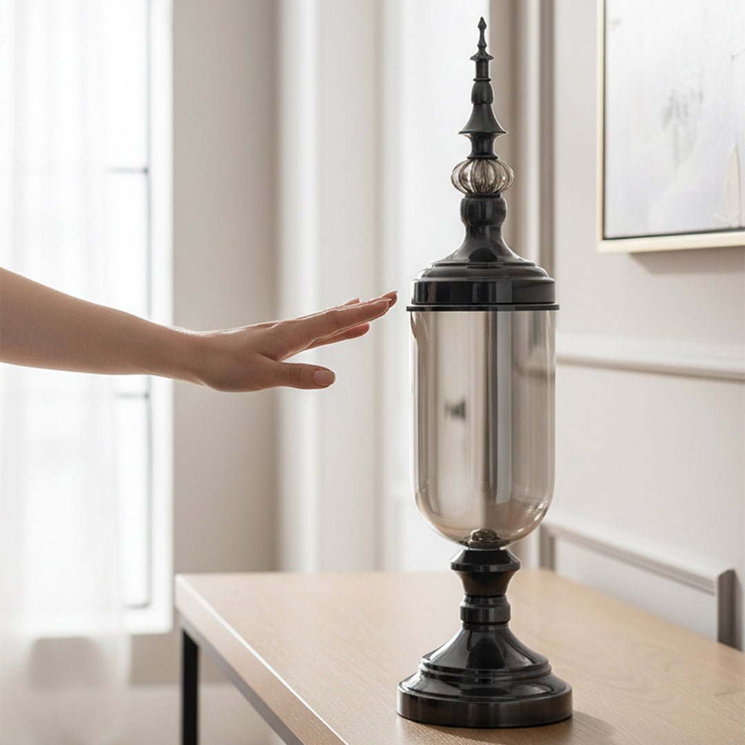 2x Clear Black Glass Vase with Lid Set