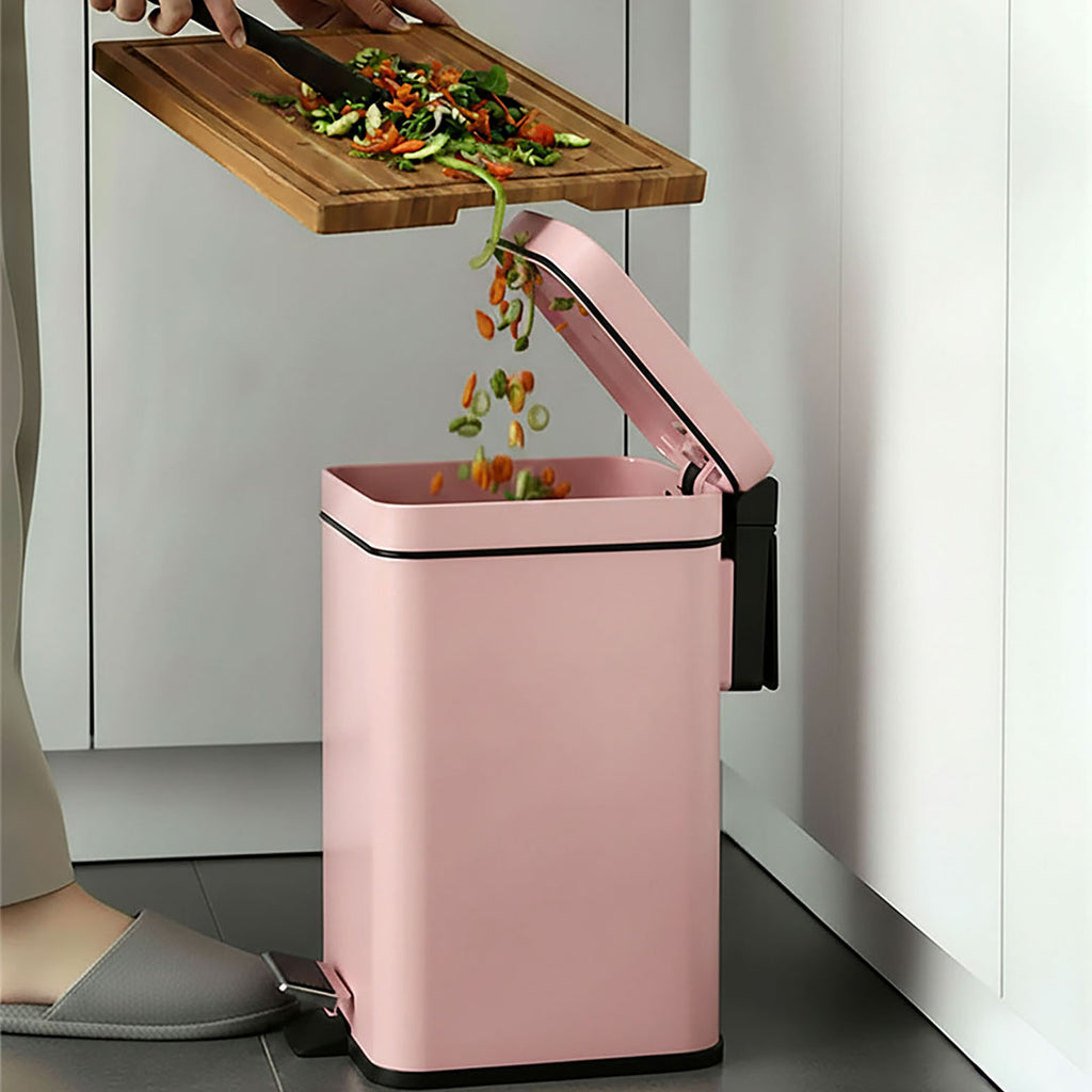 Foot Pedal Stainless Steel Trash Bin Square 12L Pink