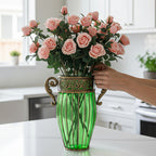 Green Glass Flower Vase with 8 Bunch 5 Heads Artificial Silk Rose Set