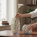 Grey Diamond Cut Glass Flower Vase with Gold Accent
