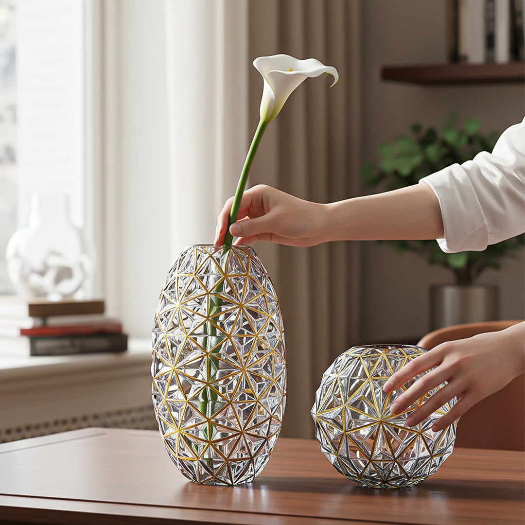 Grey Diamond Cut Glass Flower Vase with Gold Accent