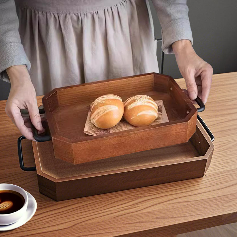 SOGA 34cm Brown Rectangle Wooden Serving Tray Metal Handles Kitchen