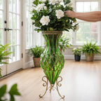 67cm Green Glass Floor Vase with Metal Stand