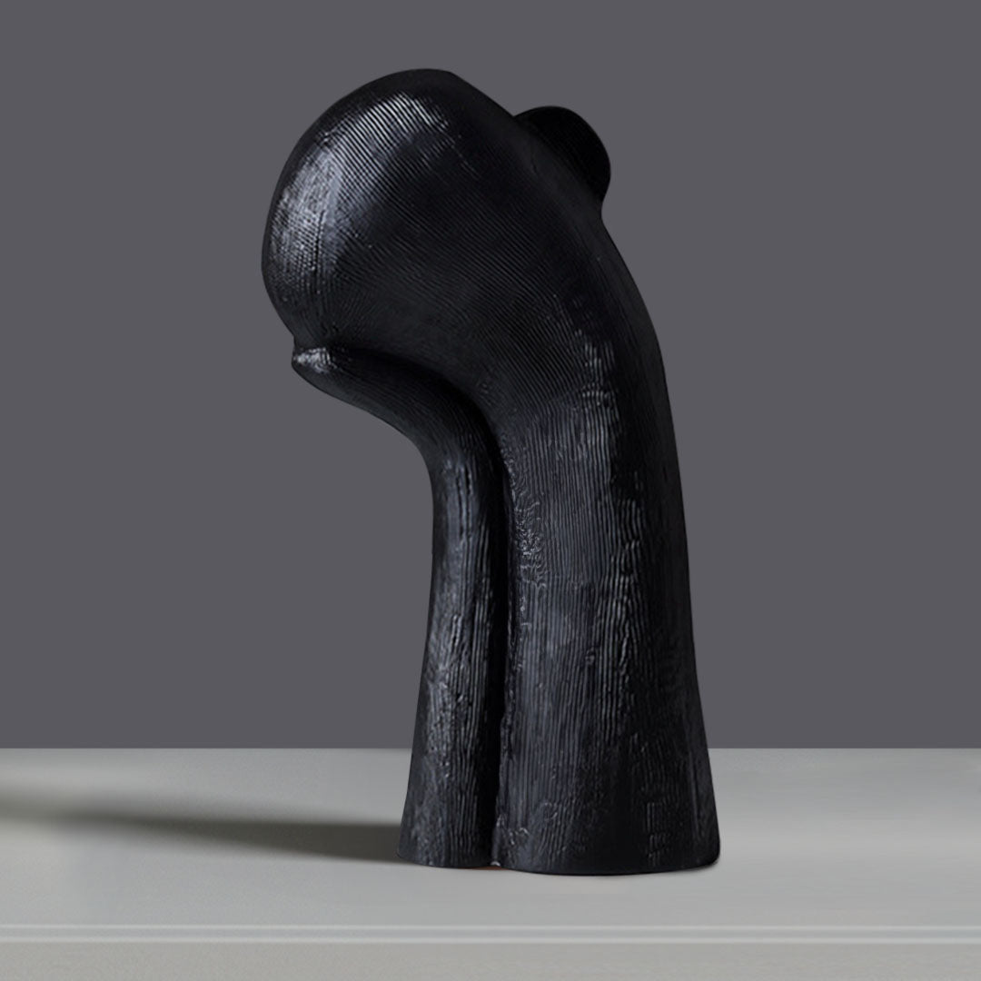 SOGA 38cm Black Minimalist Head Resin Sculpture with Hand at Side and Linear Texture for Home Décor