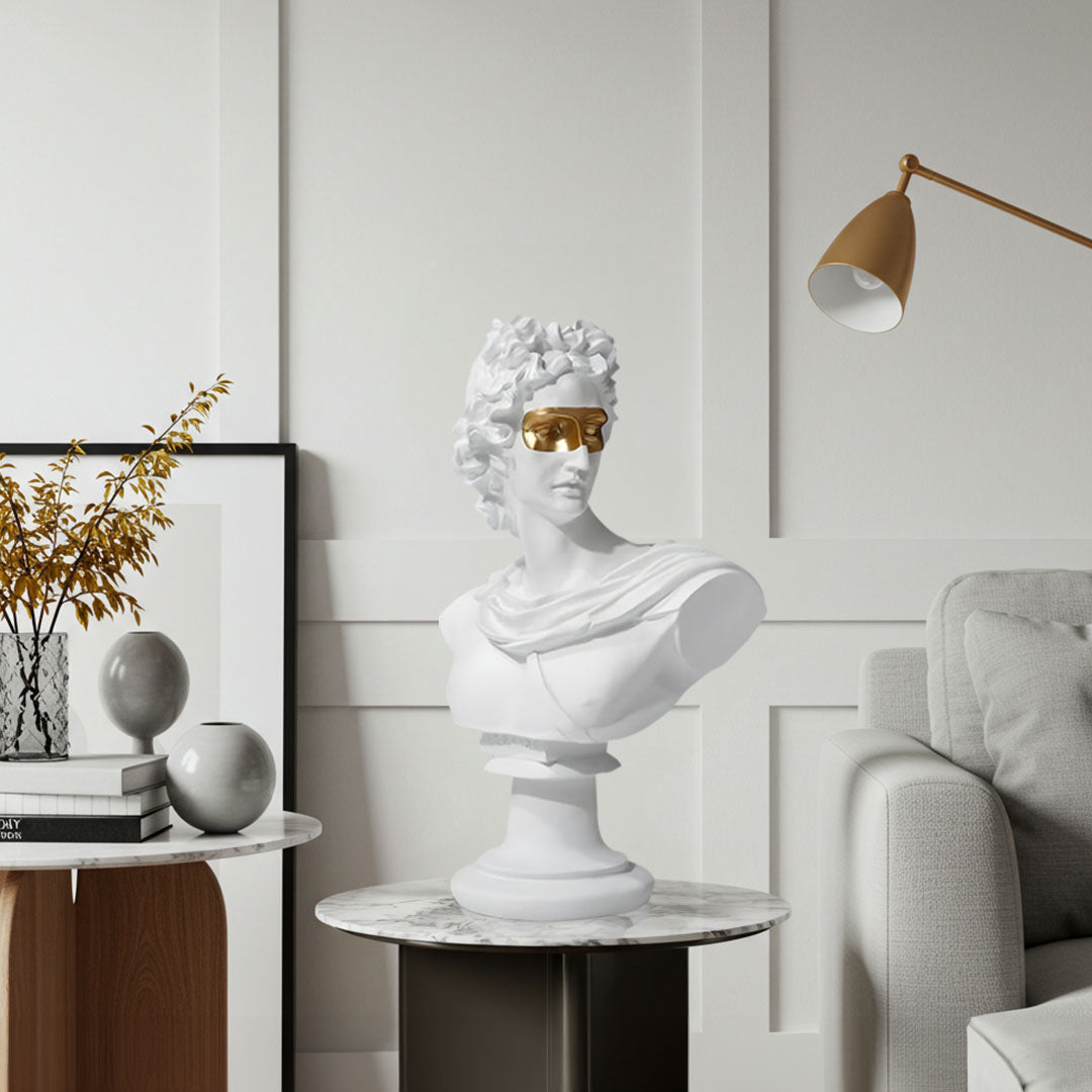 SOGA 40cm White Classical Bust Resin Sculpture with Gold Eye Mask for Modern Home Décor