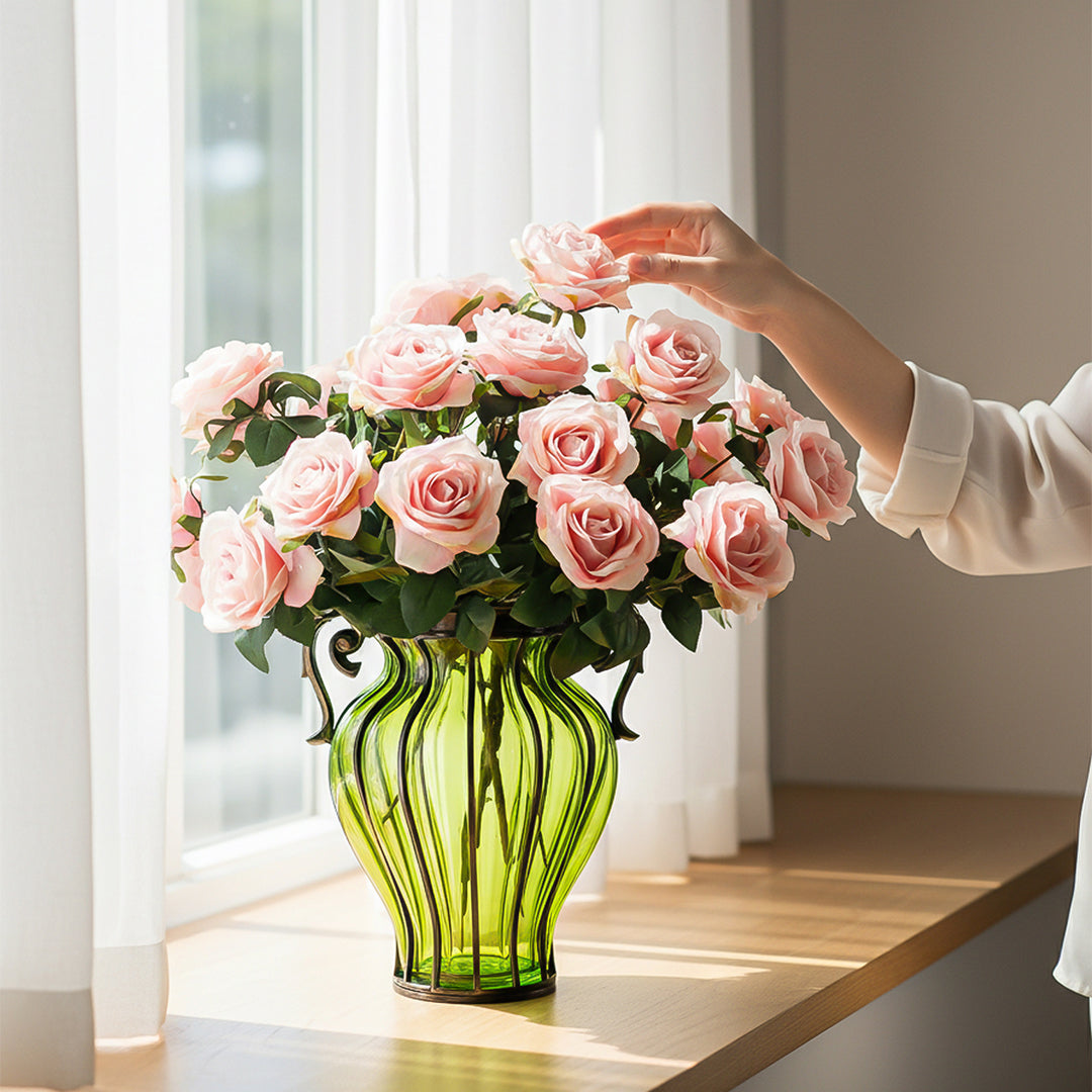 Green Glass Flower Vase with 4 Bunch 9 Heads Artificial Silk Rose Set