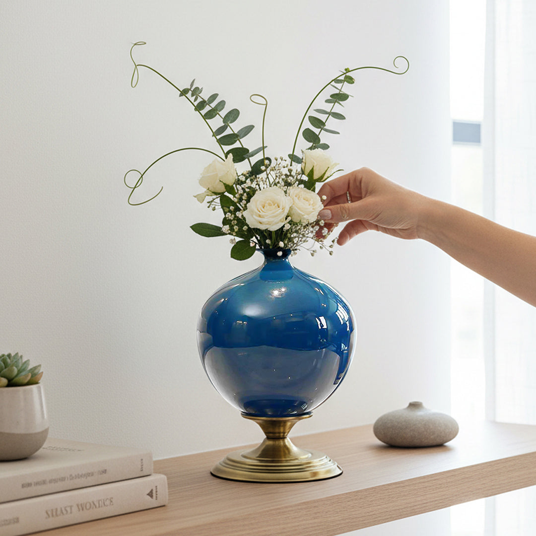 38cm Ceramic Vase with Gold Metal Base Dark Blue