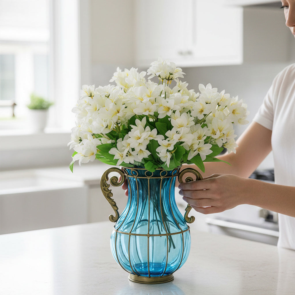 Blue Glass Flower Vase with 10 Bunch 6 Heads Artificial Silk Lilium nanum Set
