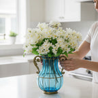 Blue Glass Flower Vase with 10 Bunch 6 Heads Artificial Silk Lilium nanum Set