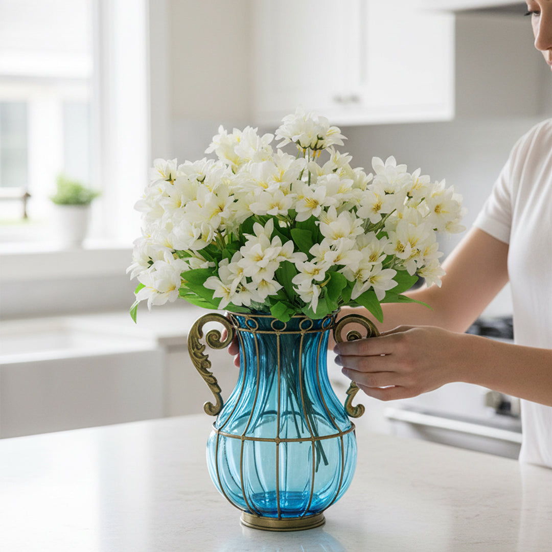 Blue Glass Flower Vase with 10 Bunch 6 Heads Artificial Silk Lilium nanum Set