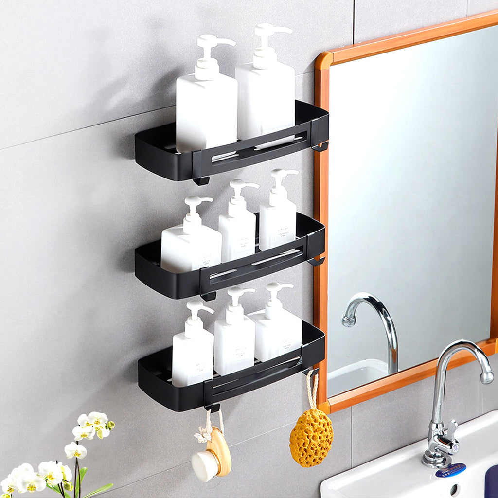 Black Wall-Mounted Rectangular Bathroom Storage Shelf Rack with Hooks