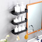 Black Wall-Mounted Rectangular Bathroom Storage Shelf Rack with Hooks