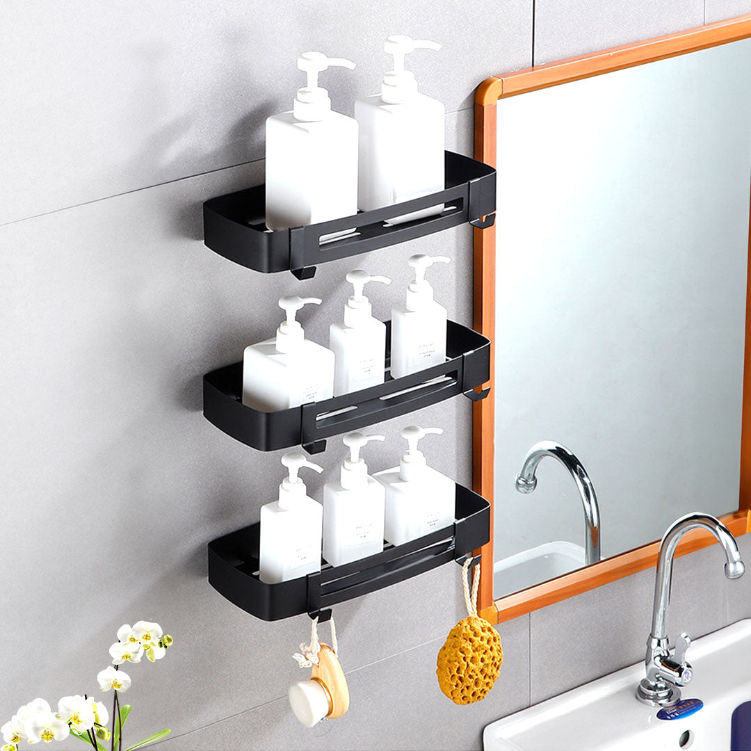 Black Wall-Mounted Rectangular Bathroom Storage Shelf Rack with Hooks