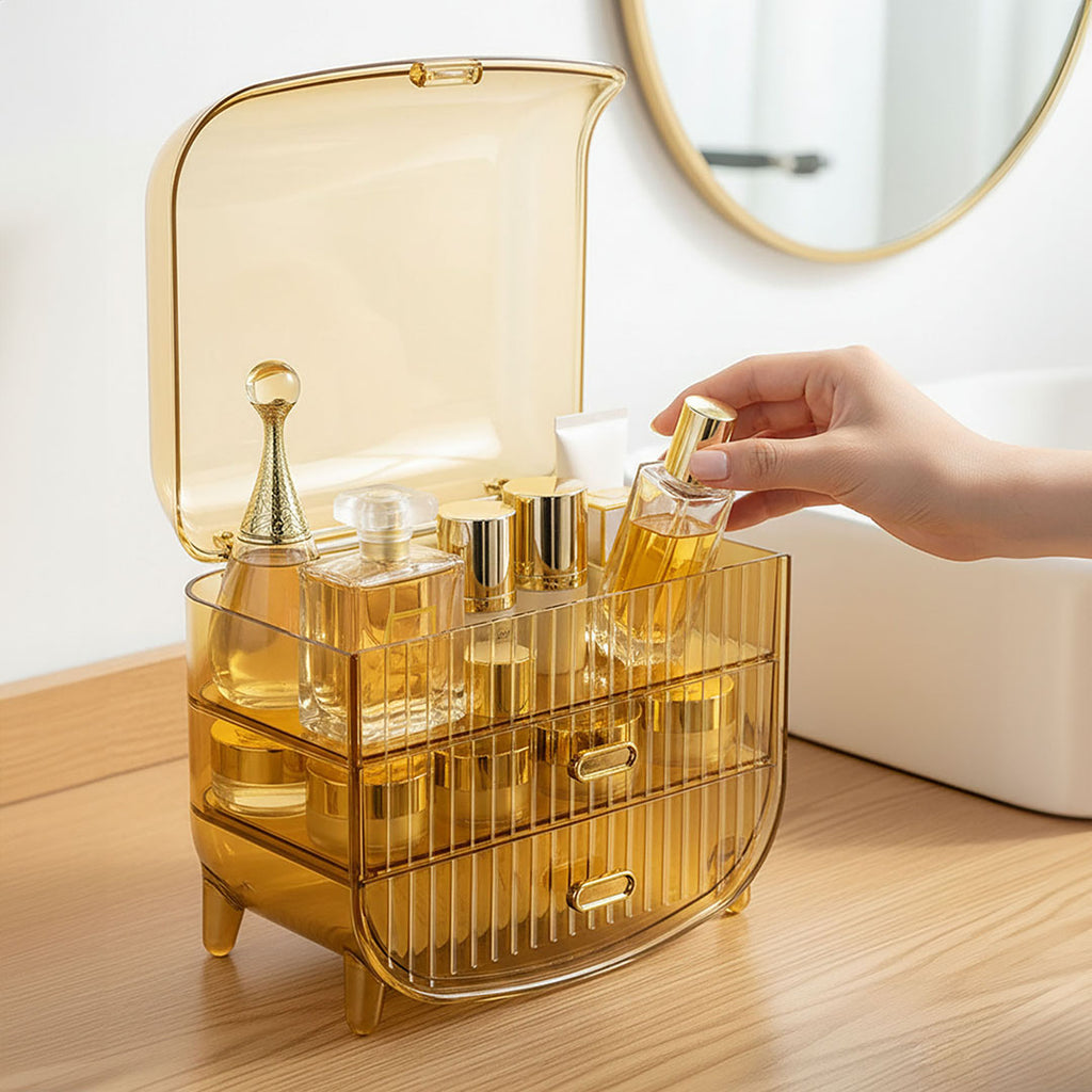 3 Tier Golden Yellow Multifunctional Countertop Cosmetic Storage Drawer Type Organiser