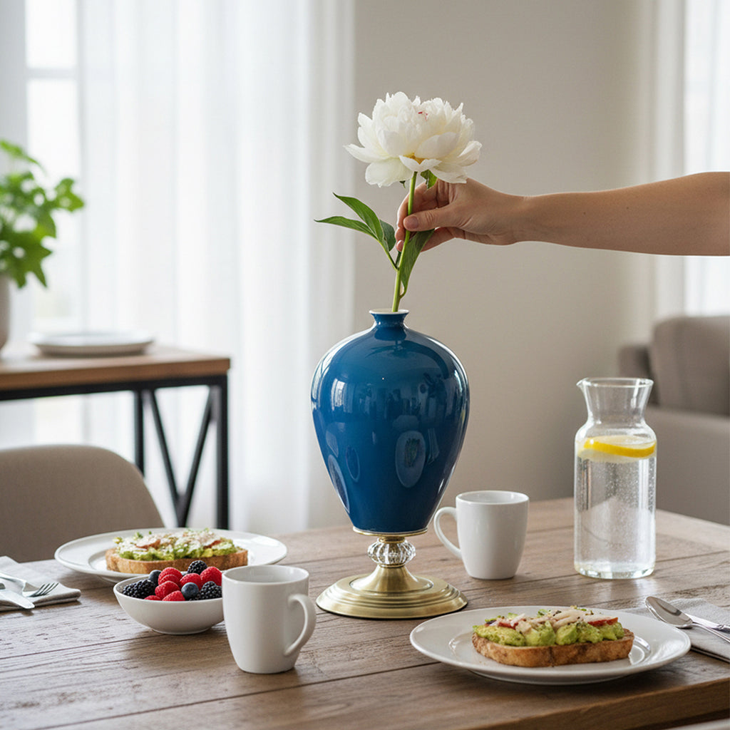 42cm Ceramic Vase with Gold Metal Base Dark Blue