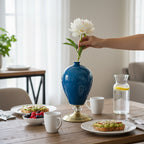 42cm Ceramic Vase with Gold Metal Base Dark Blue