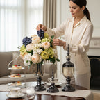 2x Clear Black Glass Vase with Lid and White Flower Set