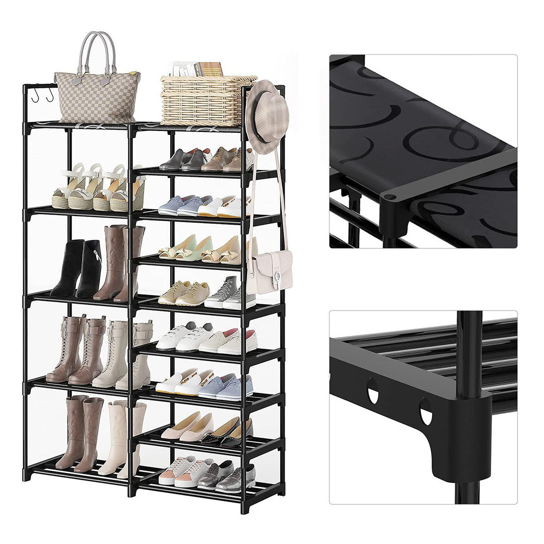 16-Shelf Tier Shoe Storage with Side Hooks Black